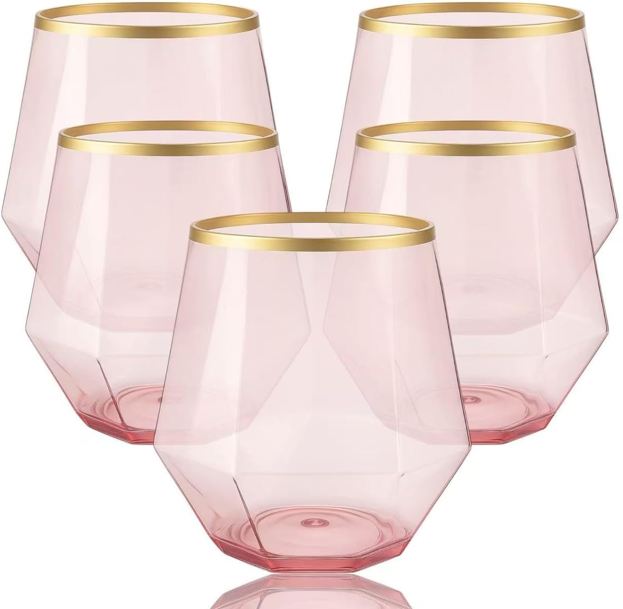 40 count Diamond Unbreakable Stemless Plastic Wine Champagne Whiskey Glasses Elegant Durable Disposable Indoor Outdoor Ideal for Home, Office, Bars, Wedding, 12 Ounce Cups (Diamond Pink Matte Gold)