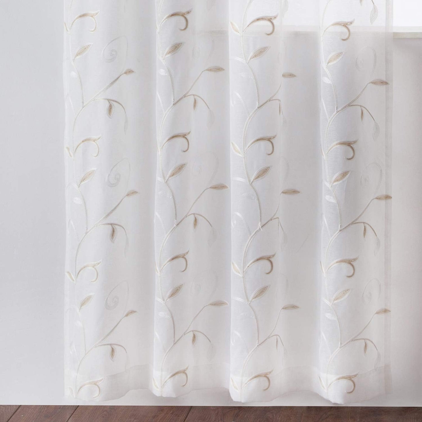 VISIONTEX White Sheer Voile Curtains, Decorative Beige Leaves Embroidery Faux Linen Rod Pocket Window Drapes for Home Kitchen, Living Room and Bedroom 54 x 95 Inch, Set of 2 Curtain Panels