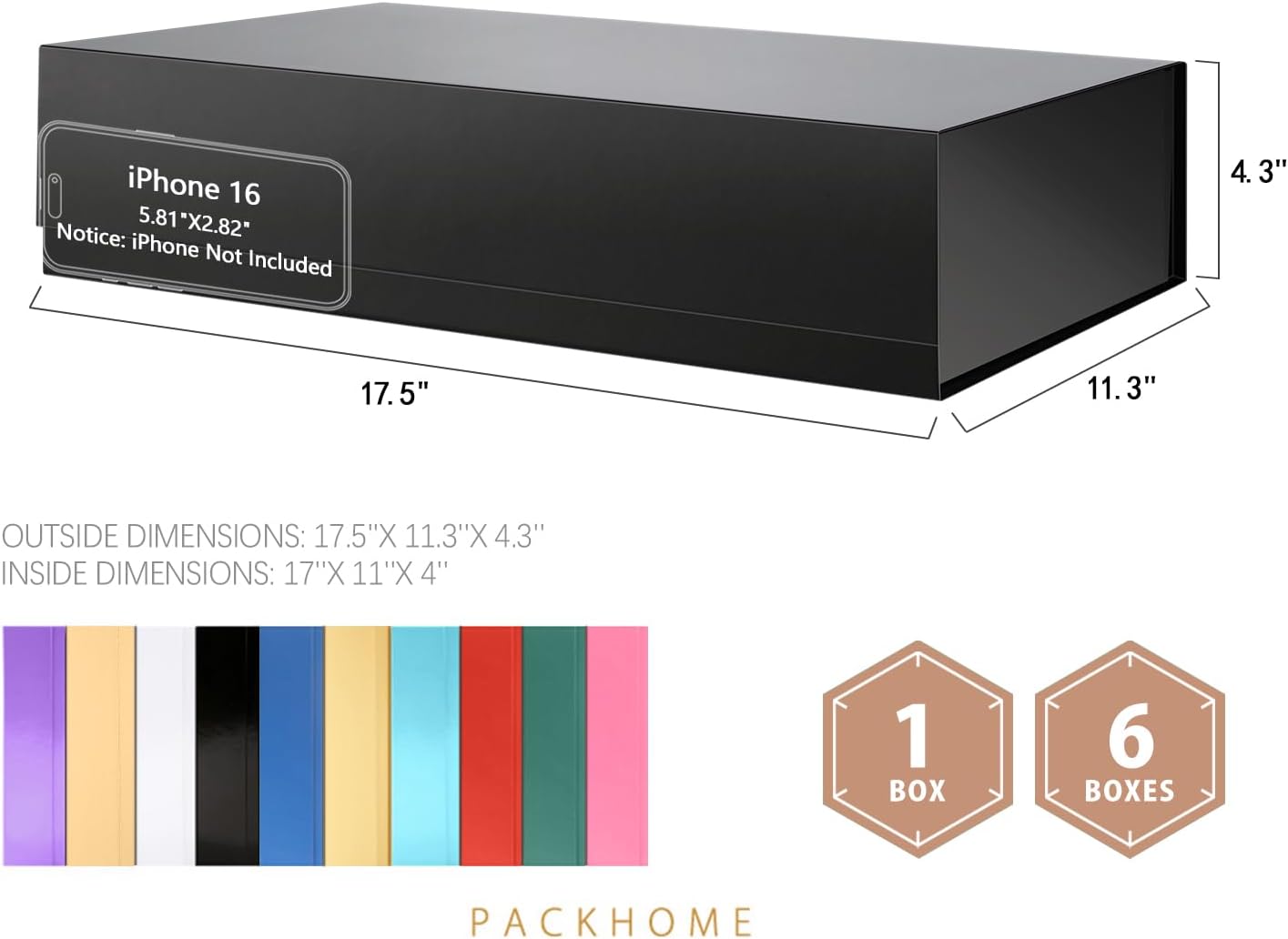 PACKHOME Extra Large Gift Box 17.5x11.3x4.3 Inches, Sturdy Shirt Box with Magnetic Lid for Clothes and Large Gifts (Glossy Black)