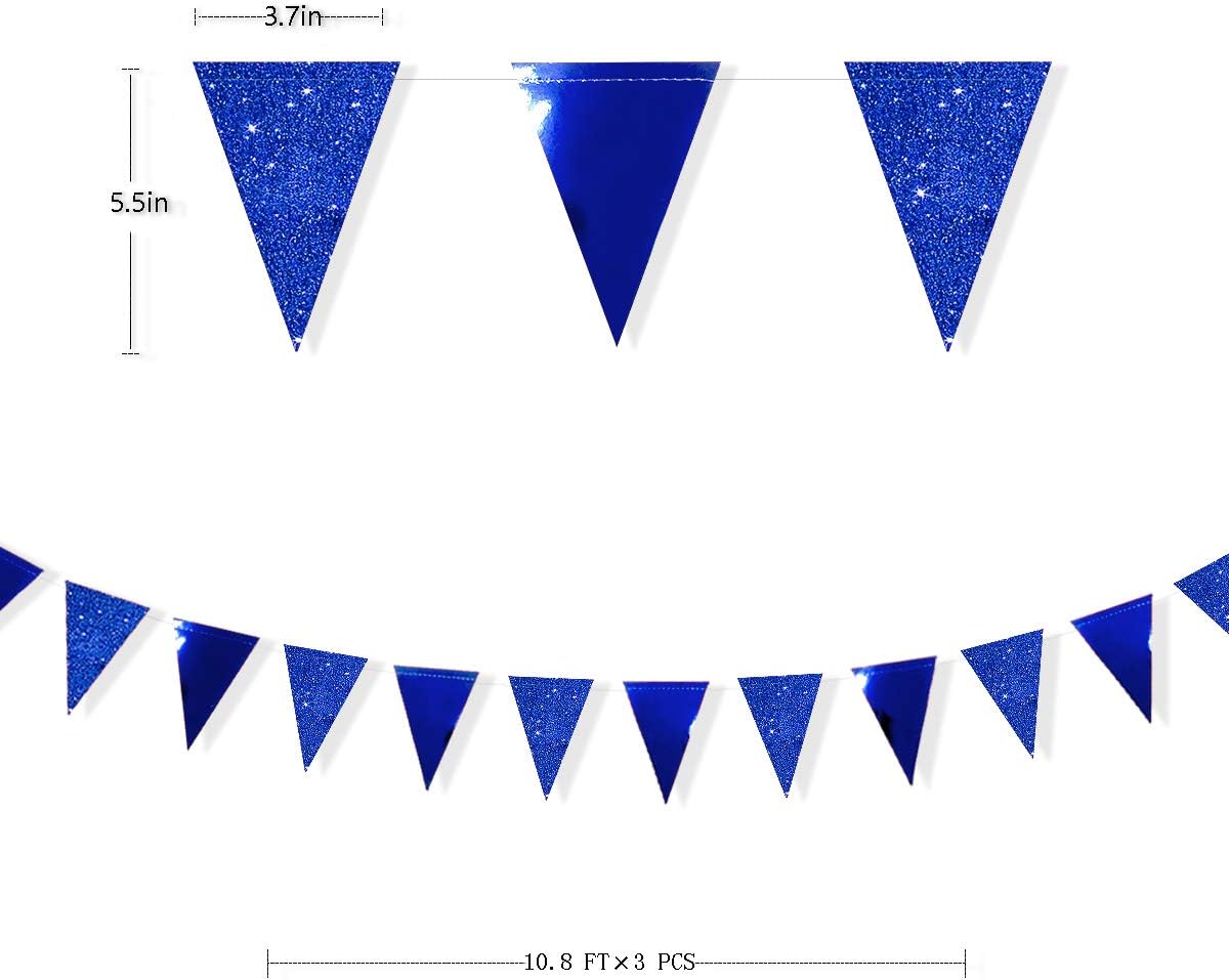 30 Ft Royal Blue Party Decorations Navy Blue Metallic Glitter Paper Triangle Banner Flag Garland Pennant Bunting for Graduation Birthday Wedding Bridal Shower Ahoy Achor Nautical Theme Party Supplies