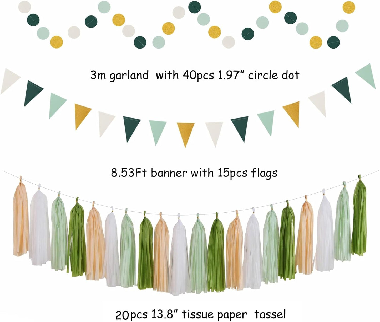 Sage-Olive Green Gold Brown Boho Party-Decorations - 33pcs Paper Lanterns Fan, Banner,Streamers Tassel Garland,Tissue Pom Poms,Baby Bridal Shower Birthday Wedding Bachelorette Engagement Decor Hugtmr