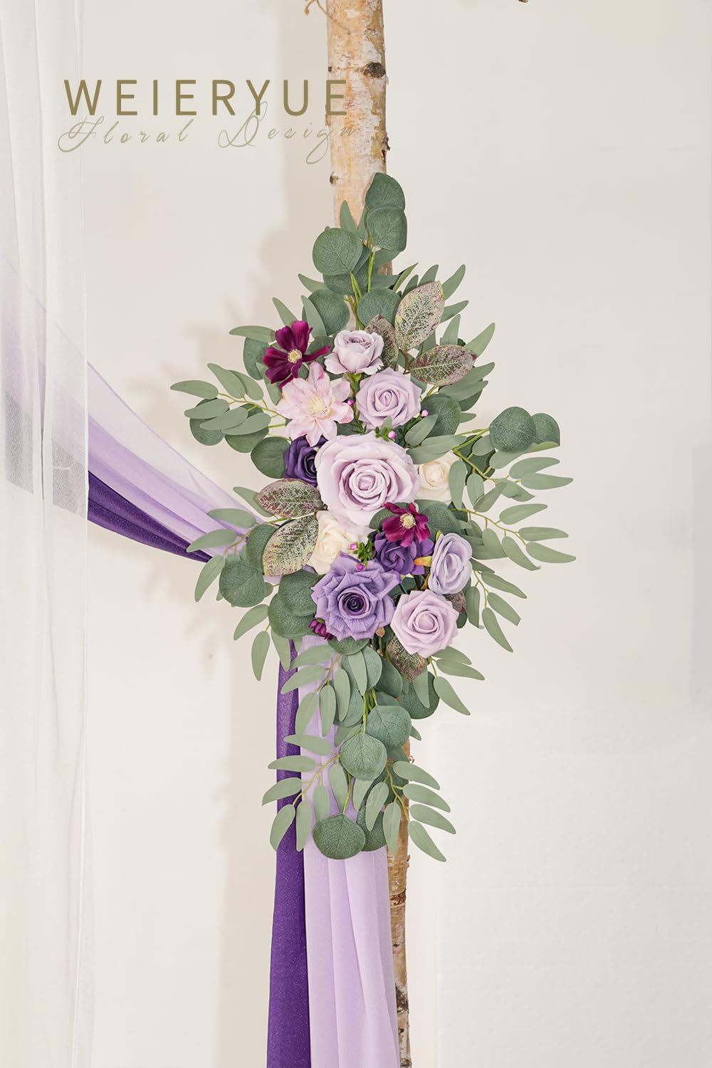 Deluxe Purple Artificial Wedding Arch Flowers with Drapes Kit-Pack of 5, 2pcs Flower Arrangements 3pcs Hanging Sheer Drapes Blue Ceremony Arbor Reception Backdrop Rose Floral Decorations.