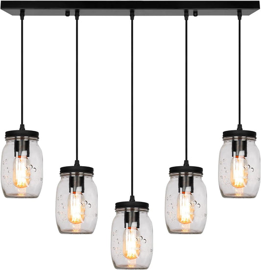 Glass Mason Jar Light Fixtures, 5-Light Adjustable Height Pendant Ceiling Lights Flush Mount - Black Country Farmhouse Lights for Kitchen Dining Room Foyer Stairway Hallway Entryway Porch