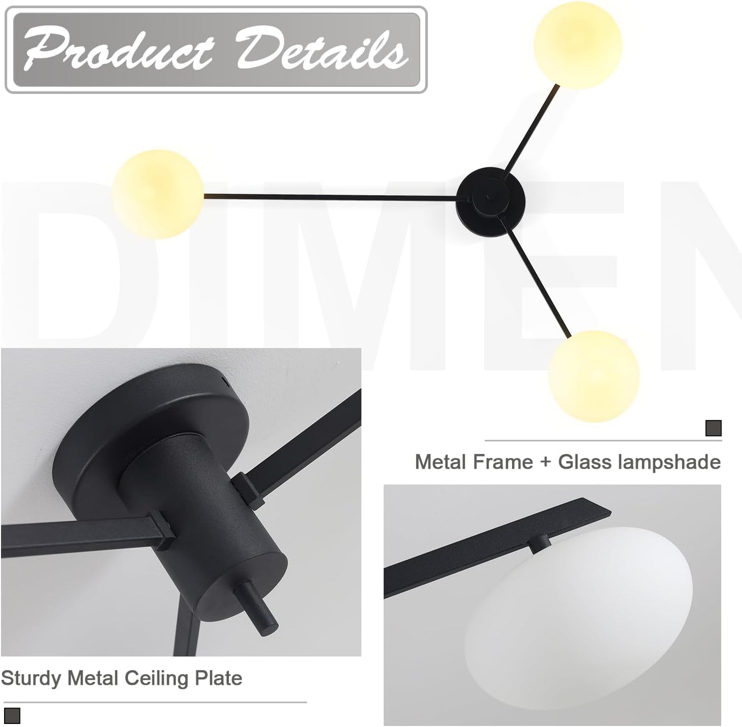 3-Light Modern Sputnik Chandelier with Milk Glass Shade - Black Flush Mount Ceiling Light for Kitchen