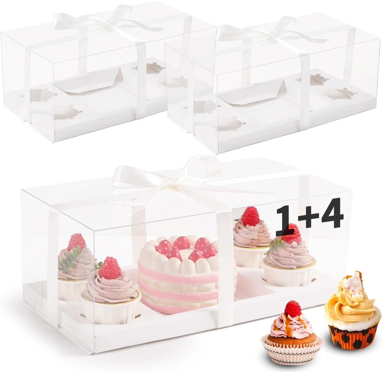 JCD 3pcs Clear Cupcake Boxes Combo,Cake and Cupcakes Box 1+4 Bento Box with Clear Window Bento Boxes Fit 4 Cupcake and 1 Mini Cake for Valentine Wedding Birthday Party Bakery Supplies(1+4/3Pcs)
