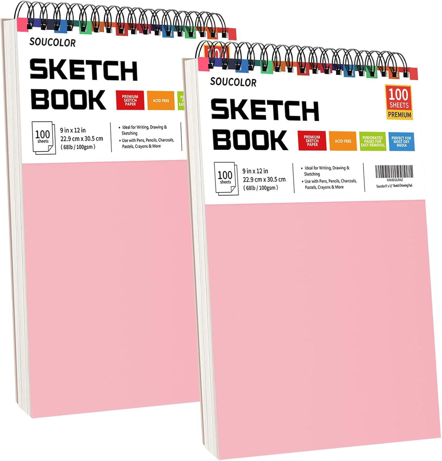 Art Supply Set - Sketching & Drawing Kit, Sketchbook Art Paper for Beginner Artists, Soucolor 9" x 12" Sketch Book, 2-Pack 100 Sheets Spiral Bound Sketchbook, Acid Free
