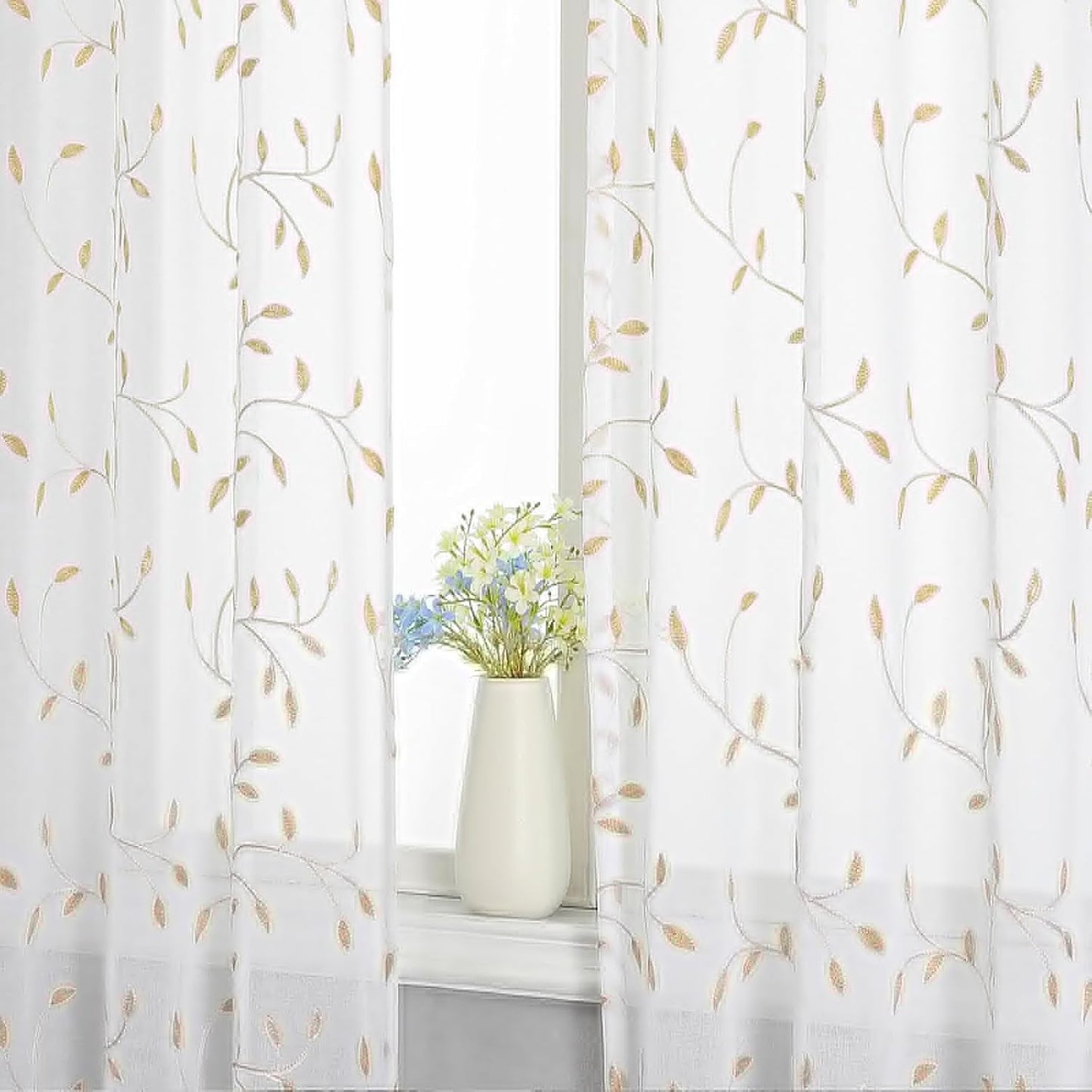 VISIONTEX White Sheer Voile Curtains, Decorative Orange Leaves Embroidery Faux Linen Rod Pocket Window Drapes for Home Kitchen, Living Room and Bedroom 54 x 108 Inch, Set of 2 Curtain Panels