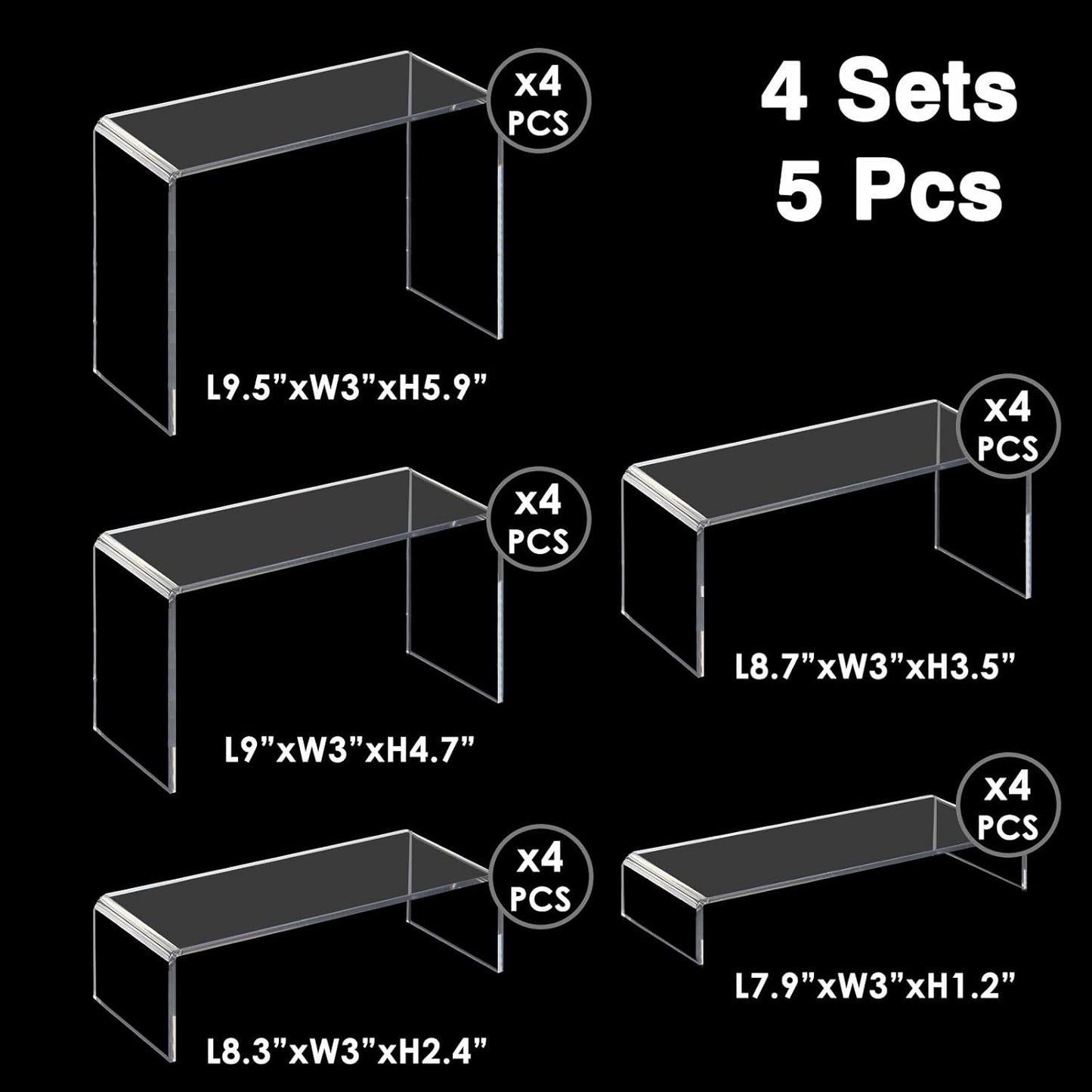 Fixwal 20pcs Large Acrylic Risers 4 Set Acrylic Display Stand Perfume Organizer Stands Clear Rectangular Dessert Table Display Set, Display Shelf for Show Cupcake, Figures, Jewelry, Toys