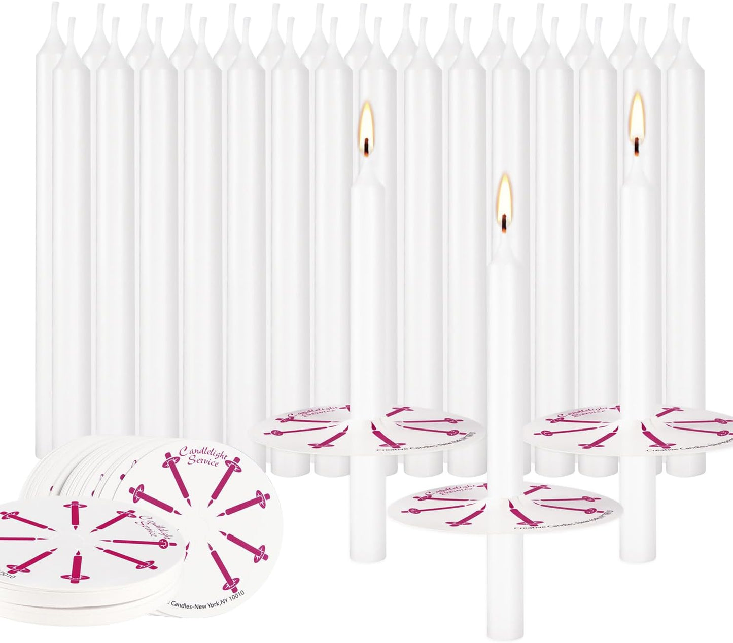 50 Church Candles with Drip Protectors for Devotional Candlelight Vigil Service, Box of 50 Candles, Unscented White 5" H X 1/2" D, No Smoke