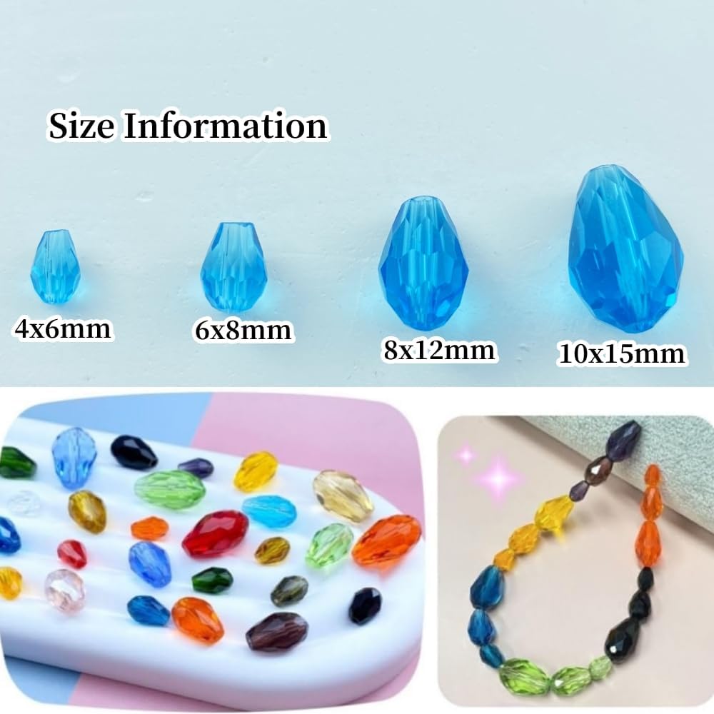 50pcs 10x15mm Teardrop Crystal Glass Beads Vertical Hole Faceted Glass Teardrop Spacer Beads for Bracelets Necklace Earring DIY Jewelry Making Craft(Lake Blue)