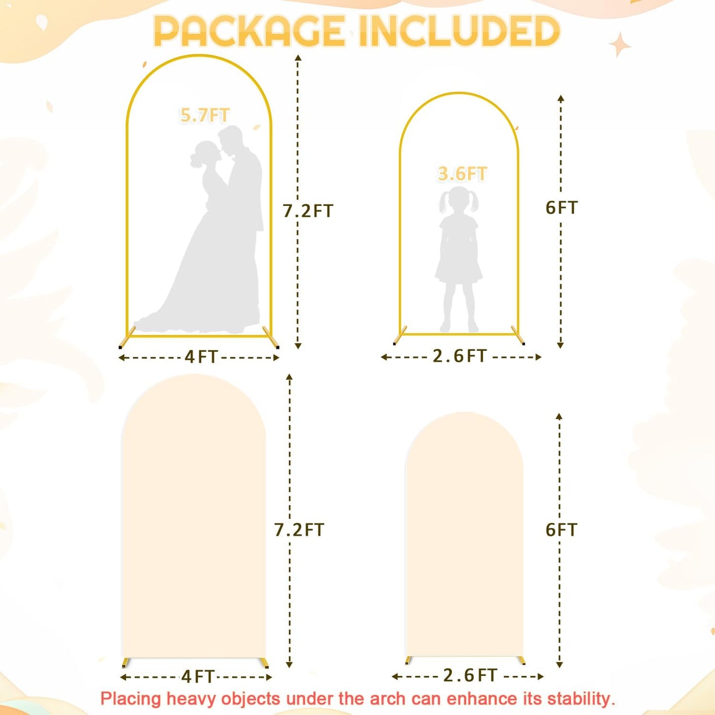 Metal Arch Backdrop Stand Set of 2 with Cover (7.2FT, 6FT) Wedding Arches Stand and Beige Spandex Arch Covers Stretchy Backdrop Balloon Arch Stands and Cover Set for Baby Shower Birthday Party Decor