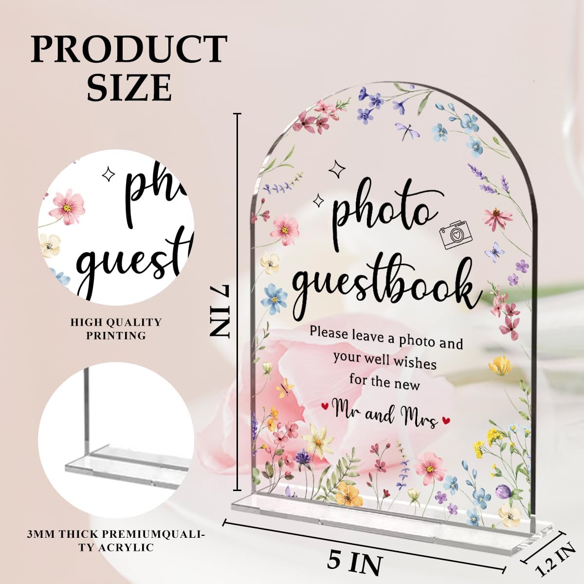 Wedding Sign Decor, Photo Guest Book Sign, Arch Acrylic Wedding Sign for Reception & Event, Bridal Shower Decorations, Wedding Table Sign Accessories for Anniversary And Event 5x7 Inch (Flower)