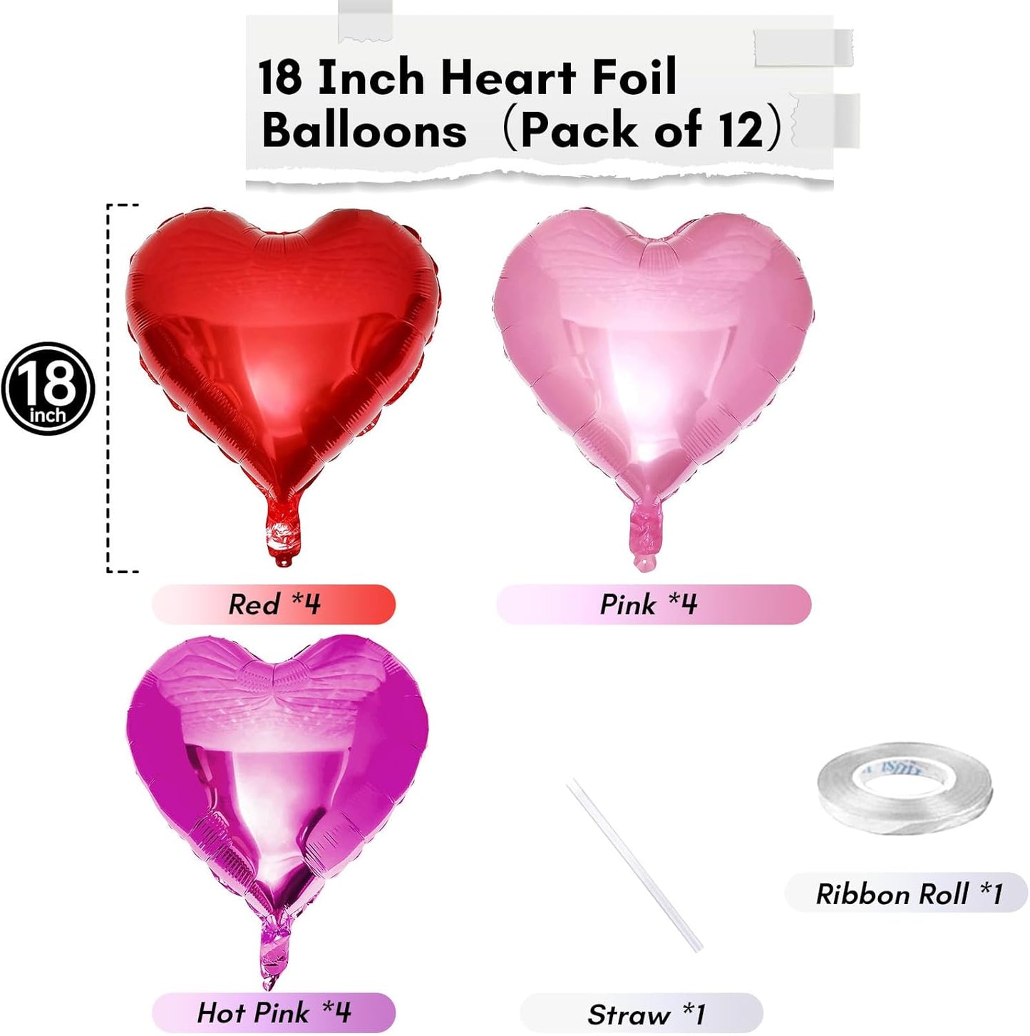 TAOYE Hot Pink Foil Heart Balloons, 18 Inch 12 Pcs Red and Pink Mylar Heart Shape Balloons Large Hot Pink Light Pink and Red Heart Balloons Party Decoration for Birthday Weding Anniversary Valentine