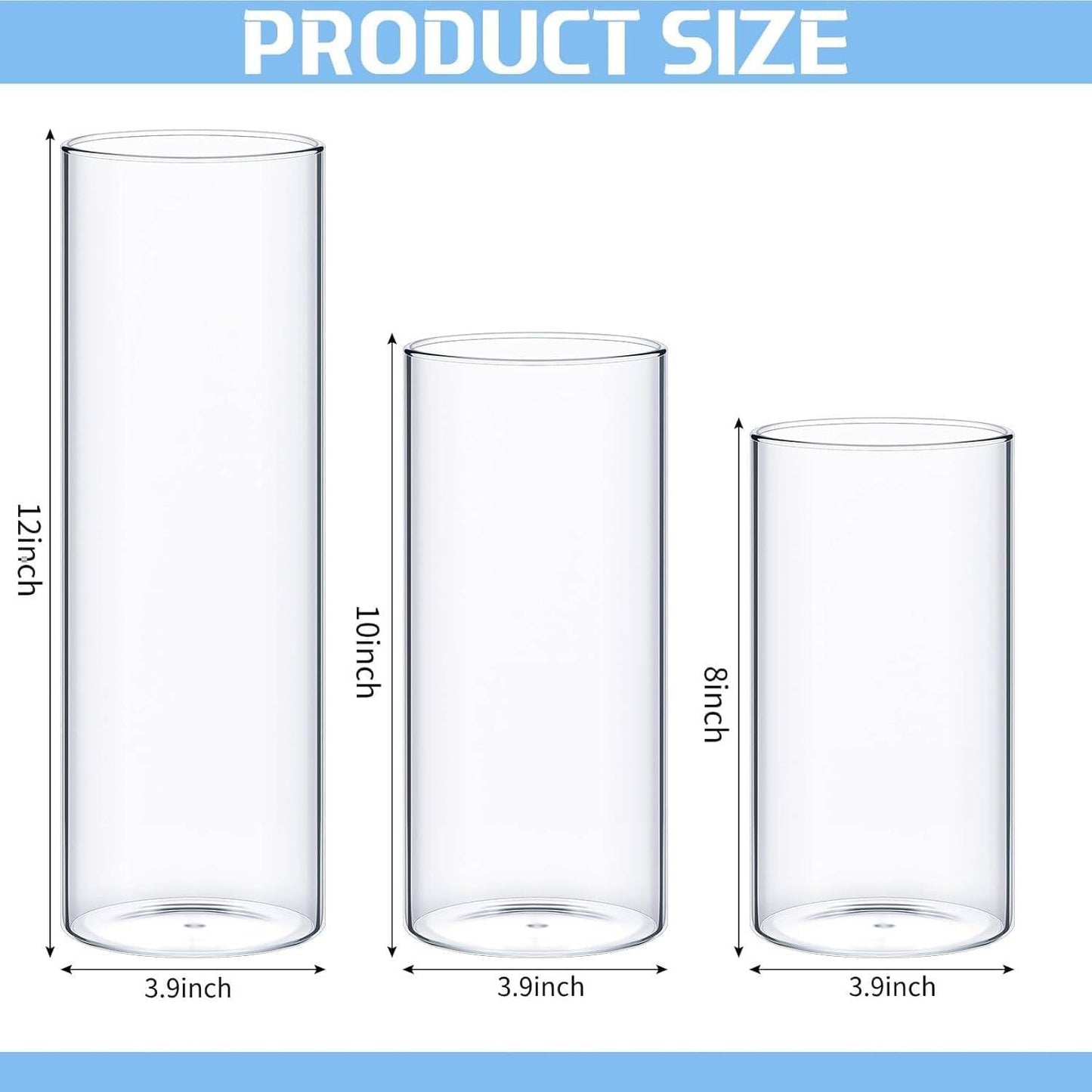 Sawysine 12 Pcs Glass Cylinder Vases 2.5''/2.95''/3.9'' Diameter Clear Flowers Vase Hurricane Floating Candles Holders for Table Centerpieces (3.9 x 8 in,3.9 x 10 in,3.9 x 12 in)