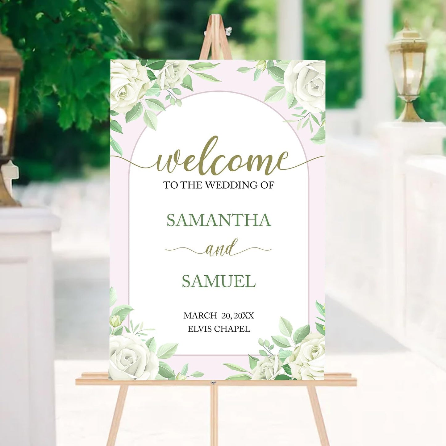 Editable Greenery Wedding Welcome Sign Template, Printable White Floral Sign for Ceremony or Reception, Modern Minimalist Wedding Decor