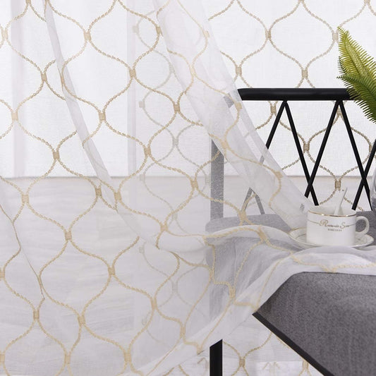 Sheer Curtains Gold 45 Inches, Embroidered Wave Diamond Rod Pocket Voile Drapes for Living room, Bedroom, Window Treatments Semi Curtain Panels for Yard, Patio, Villa, Parlor, Set of 2, 52"x 45".