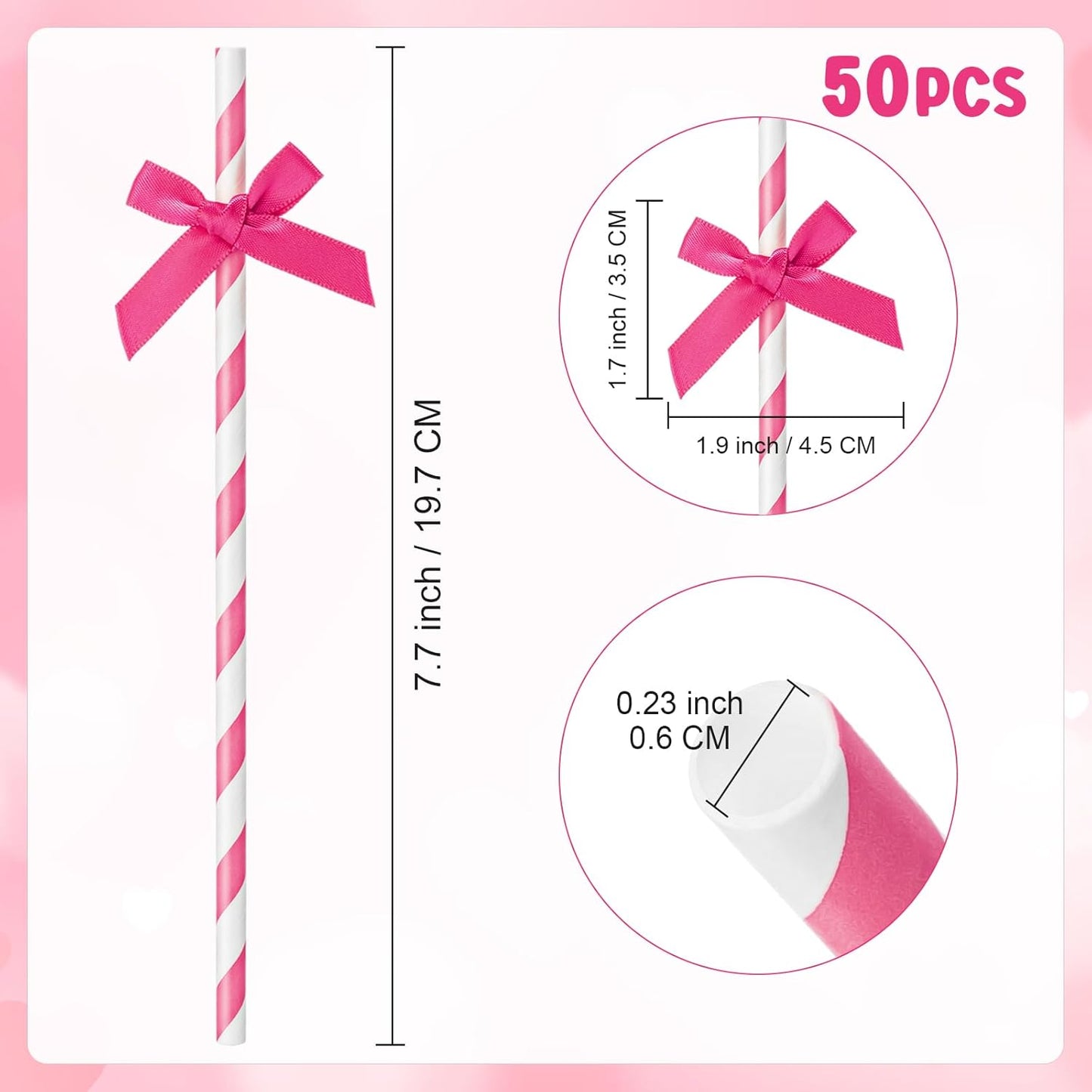 50 Pcs Rose Red Paper Straws for Drinking, Bow Disposable Striped Paper Straws Bulk Rose Red Theme Birthday Party Supplies for Wedding Cake Decorations Bachelorette Baby Shower