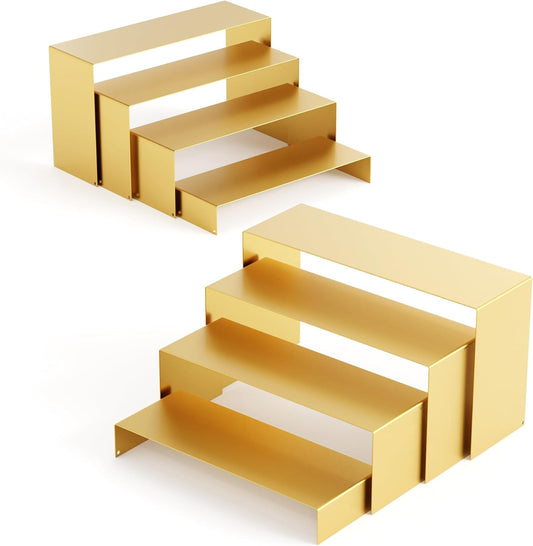 Black Matte Metal Display Stand,8 Pcs 2 Set Display Risers, Metal Rectangular Display Shelf for Showcase, Dessert, Toys, Perfume (8Pcs-Gold, L7''x8''x9)