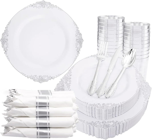 Liacere 350PCS Silver Plastic Plates&Pre Rolled Napkins for 50 Guests - Plastic Dinnerware Sets 100Silver Disposable Plates, 150Silver Silverware, 50Cups and 50Napkins for Wedding