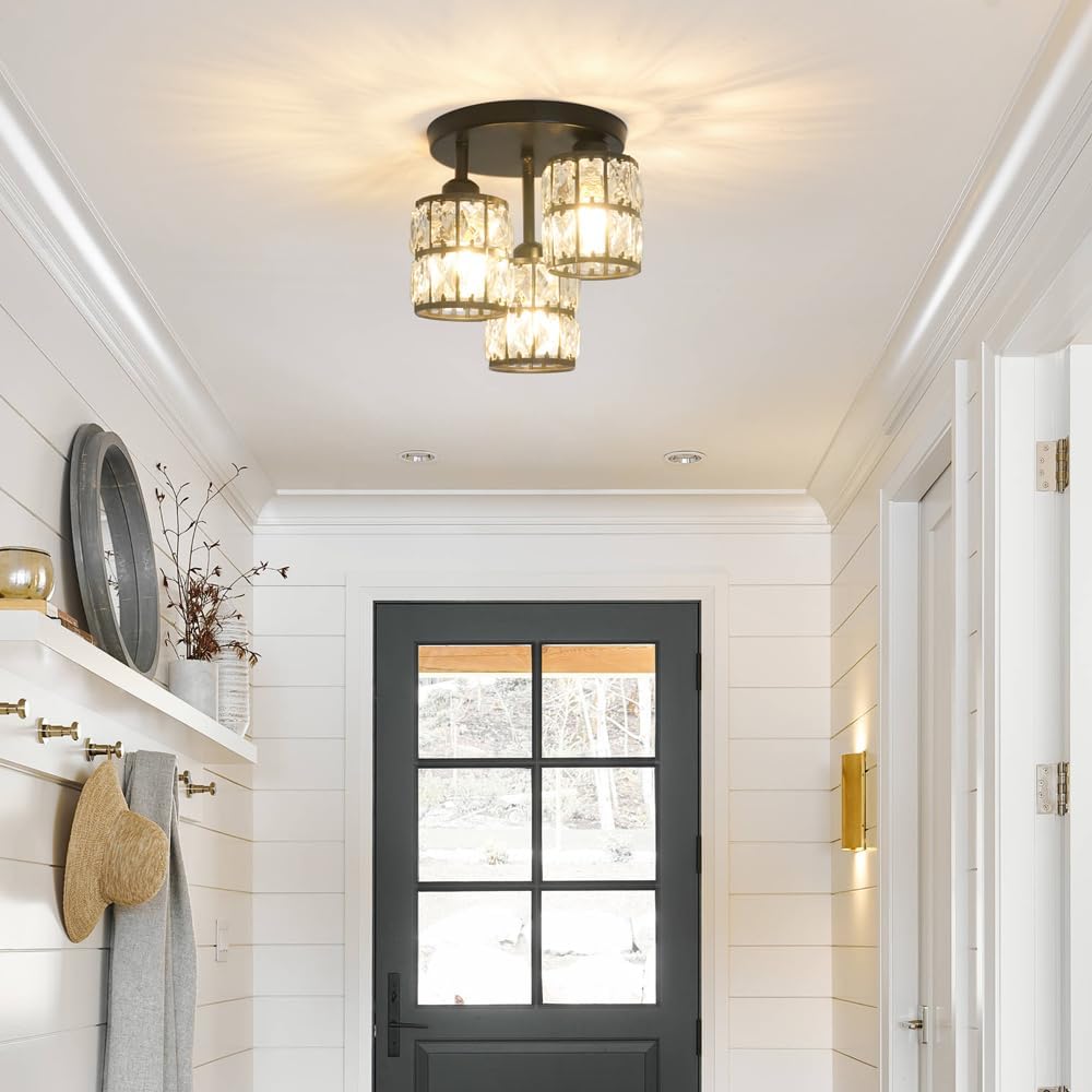 Modern Semi Flush Mount Ceiling Light, 3-Light Black Crystal Close to Ceiling Light Fixtures, Kitchen Light Fixtures with Clear Crystal Shade, Hallway Light Fixtures for Porch Bedroom Bathroom