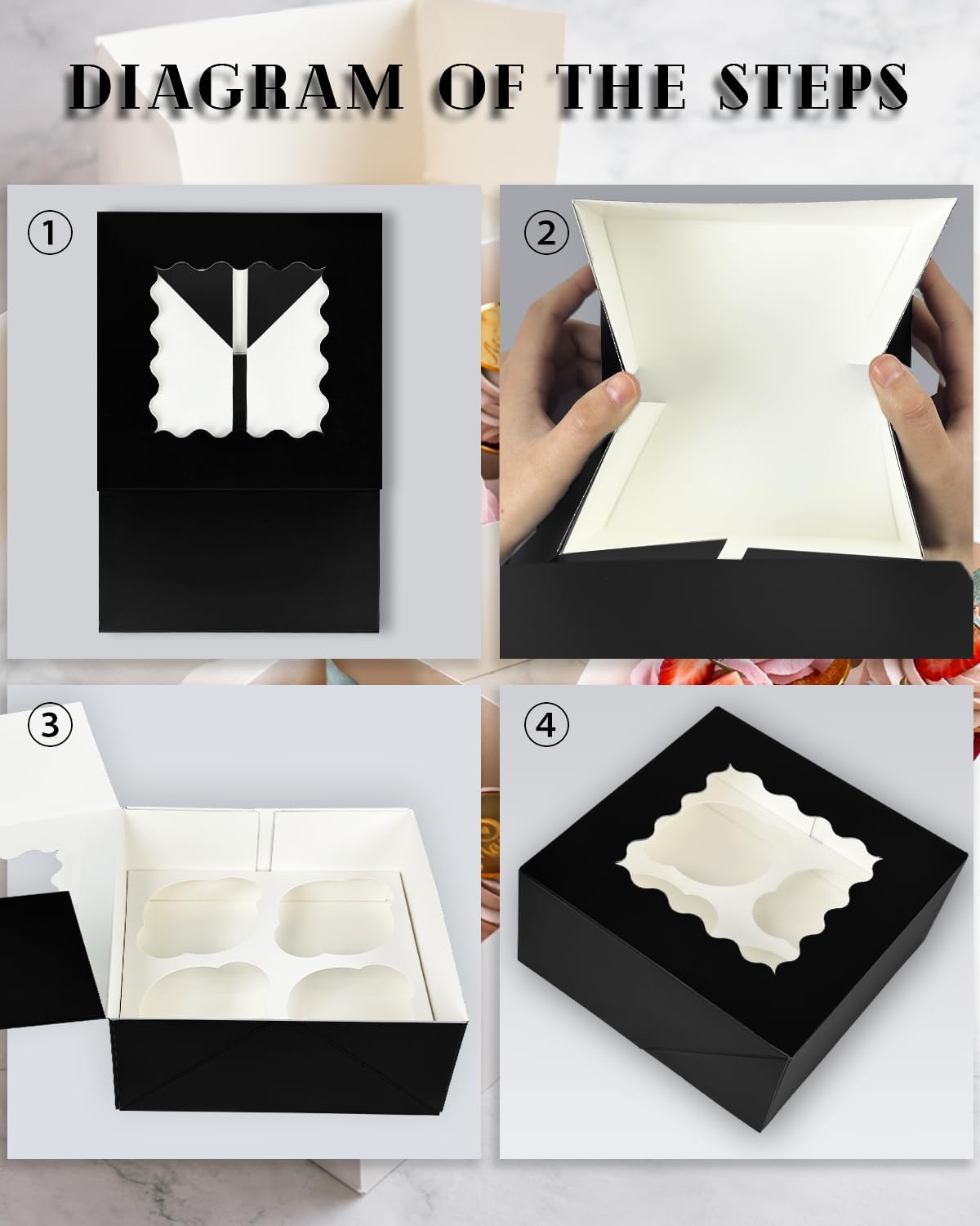 Bakepacker Auto-pop up 4 Cupcake Boxes with Window 20 Count Black Box 6.3 x 6.3 x 3inch Cupcake Carrier