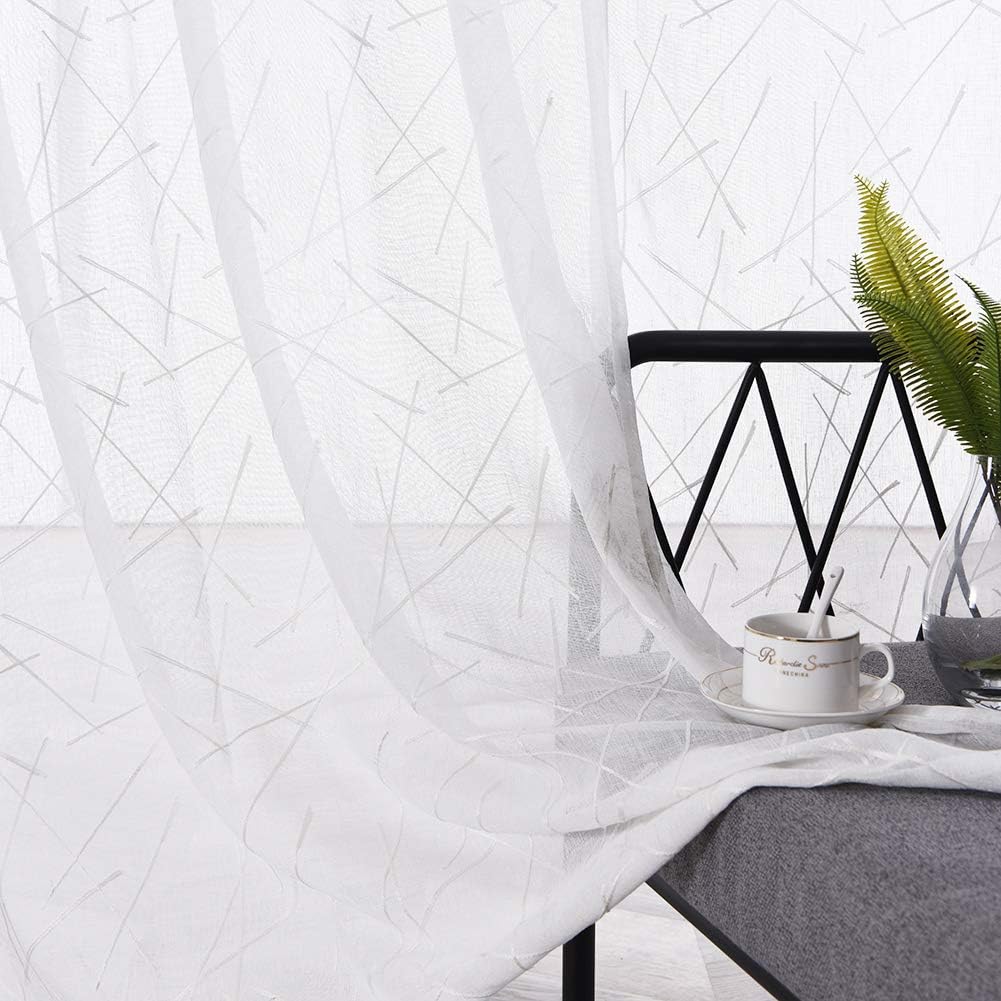 White Sheer Curtains 45 Inch Length, Modern Geometric Embroidery Sheer Rod Pocket Voile Drapes for Living room, Bedroom, Window Treatments Semi Curtain Panels for Villa, Set of 2, 52"x 45".