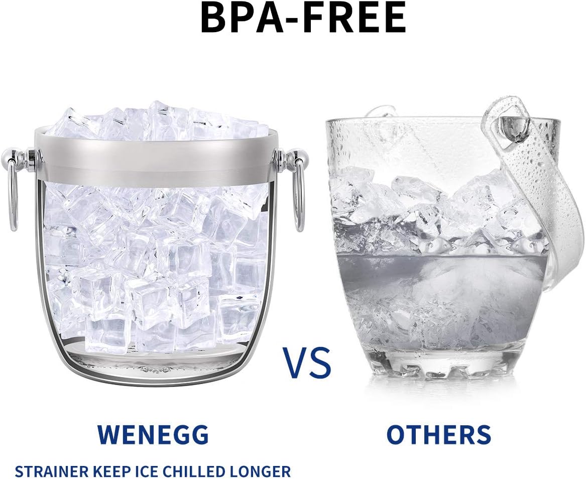 Ice Bucket with Lid, Scoop, Tongs and Strainer - Well Made Insulated Stainless Steel Keep Ice Frozen Longer - Ideal for Cocktail Bar, Parties, Chilling Wine, Champagne - 3 Liter (Stainless Steel)