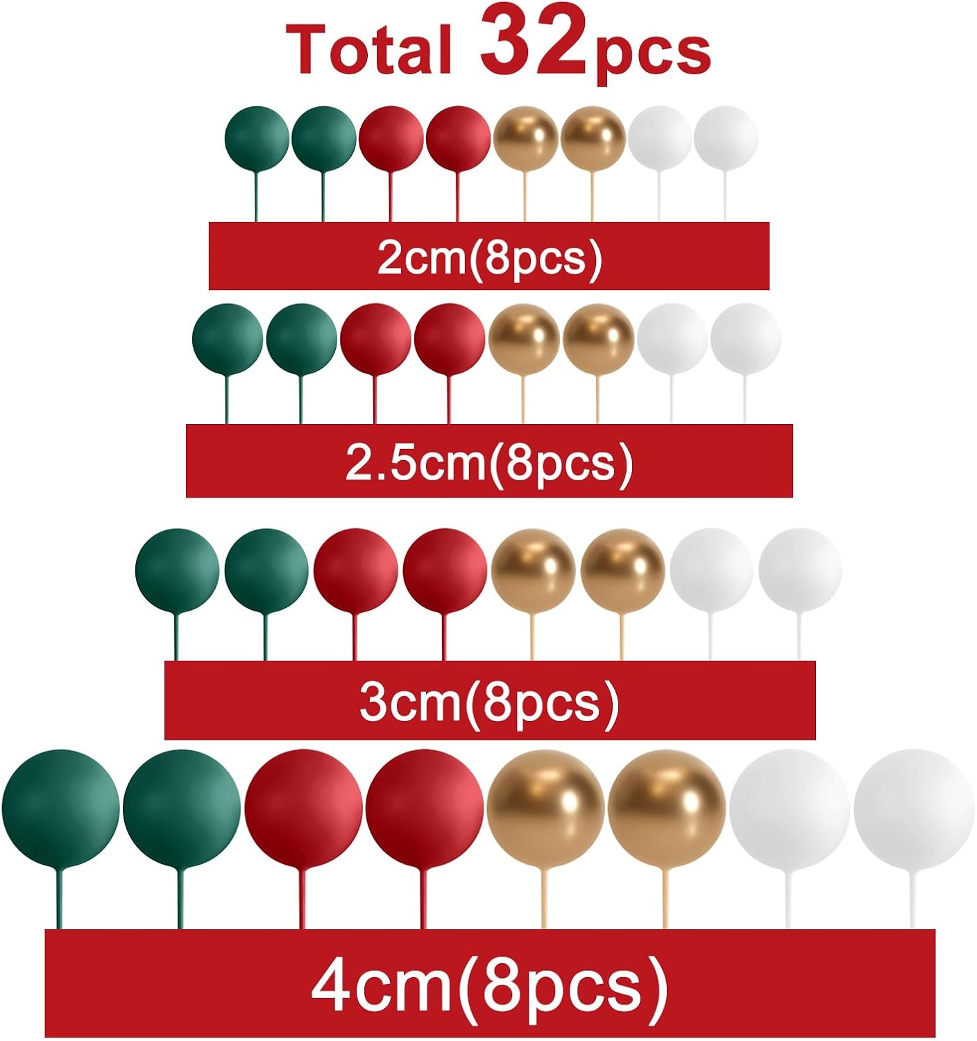 ASTARON 32 Pcs Ball Cake Topper Christmas Decorations Mini Balloons Sticks Foam Balls Cake Picks Cake Topper Balls Cake Decorations for Christmas Birthday Cake (Red Green Gold)