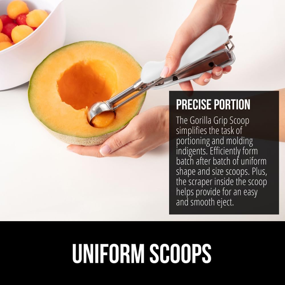 GORILLA GRIP Stainless Steel Multipurpose BPA-Free Spring Scoop, 1 TBSP, Melon Ballers, Cookie Dough Scoops, Perfect Portion Sizes, Easy Squeeze and Clean Release, Scooper Size 60, White