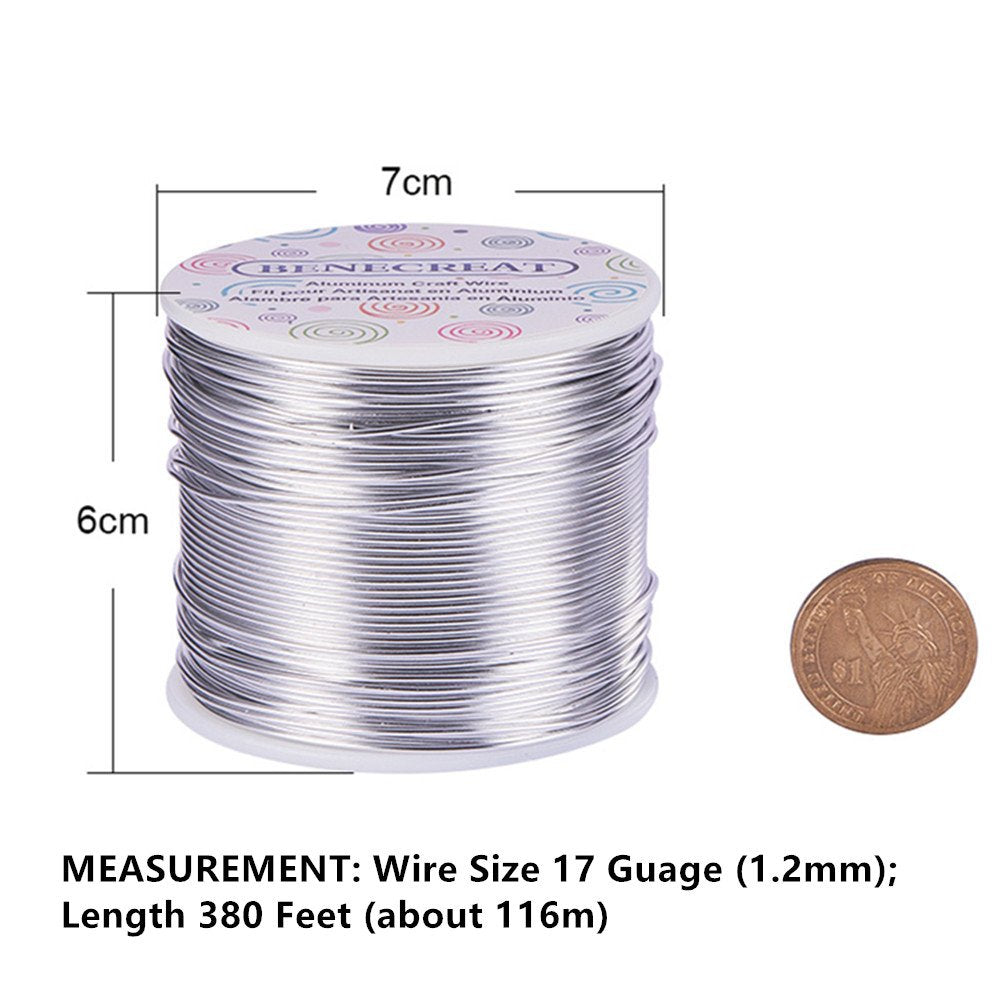 BENECREAT 12 17 18 Gauge Aluminum Wire (17 Gauge,380FT) Anodized Jewelry Craft Making Beading Floral Colored Aluminum Craft Wire - Silver