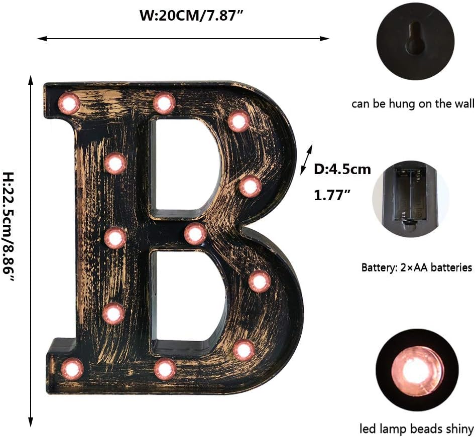 OYCBUZO Golden Black Led Marquee Letter - Industrial, Vintage Style Light Up Alphabet Letter Sign for Cafe Wedding Birthday Party Christmas Lamp Home Bar Initials Decor - B