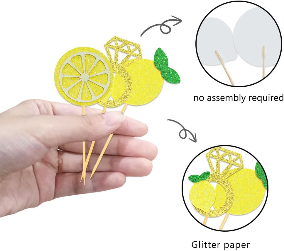 Glitter Lemon Cupcake Toppers Picks for Wedding Engagement Bridal Shower Bachelorette Party Decoration - Set of 24
