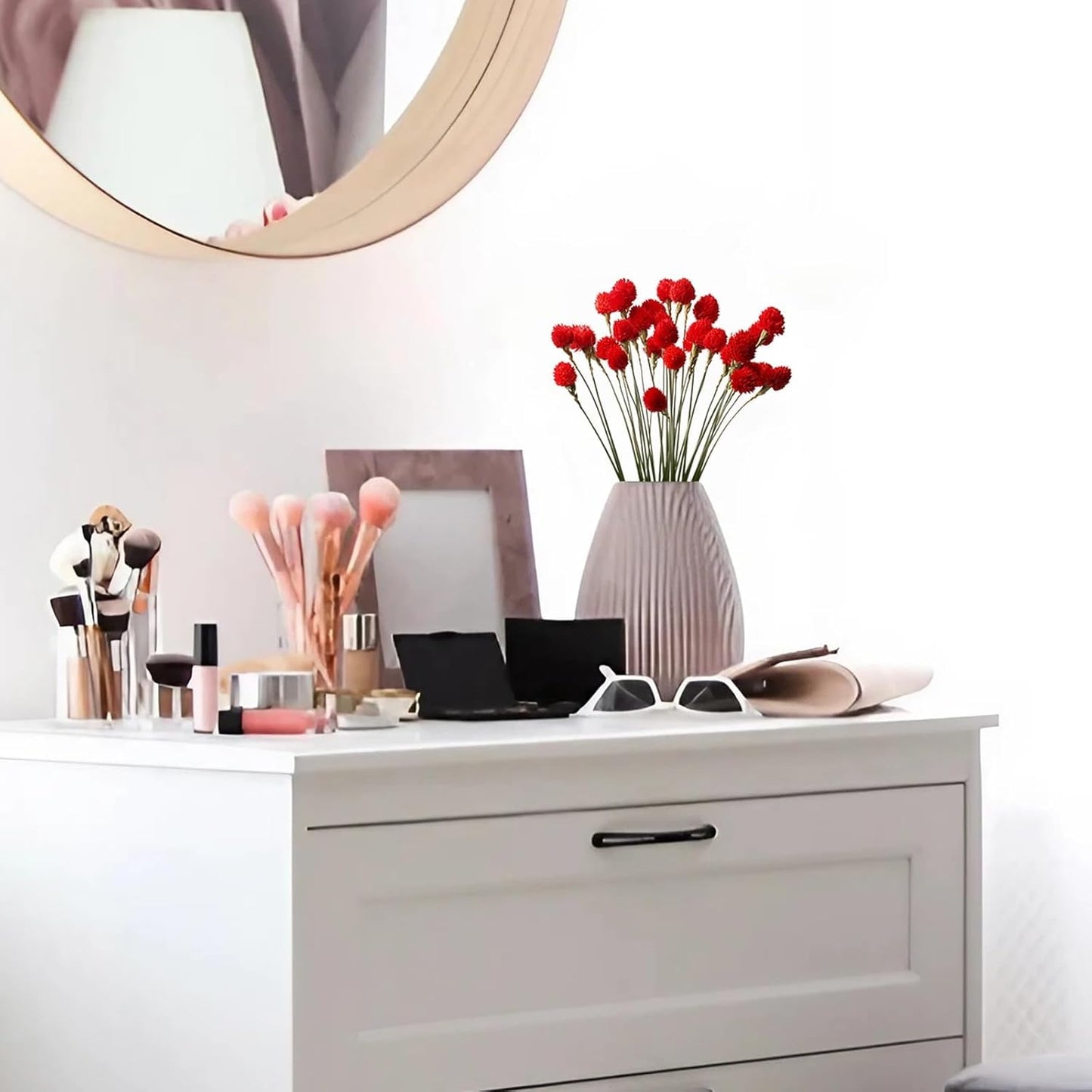 Dried Globe Amaranth Flower with Wheat Straw 40PCS Bouquet for Vase Home Decor Party DIY Arrangement(Bright Red)