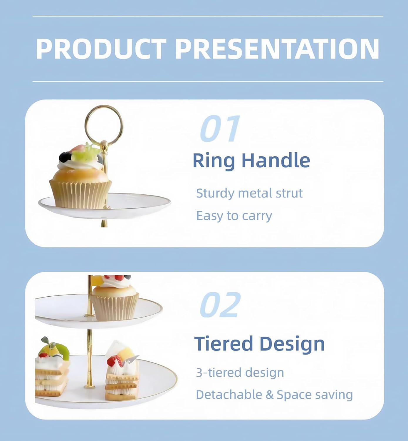 RAUVOLFIA 3 Tier Plastic Cupcake Stand, Tiered Serving Cake Stand, Round White Dessert Stand, Weddings Parties Pastry Serving Tray (2 Pack, White Plate with Gold Rim)