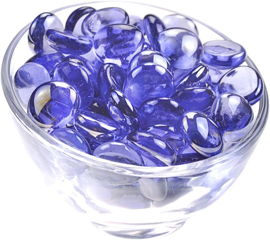 KINGOU Flat Glass Gems/Marbles/Stones/Beads for Vase Filler, Table Scatter, Games - 1 Lbs (17-19mm, Approx. 3/4") (Purple, Standard) - Light Purplish Blue