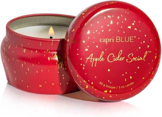 Capri Blue Glimmer Mini Tin - Apple Scented Candle with Mini Candle Holder - Soy Wax Blend - Capri Blue Apple Cider Social Red and Gold (3 oz)