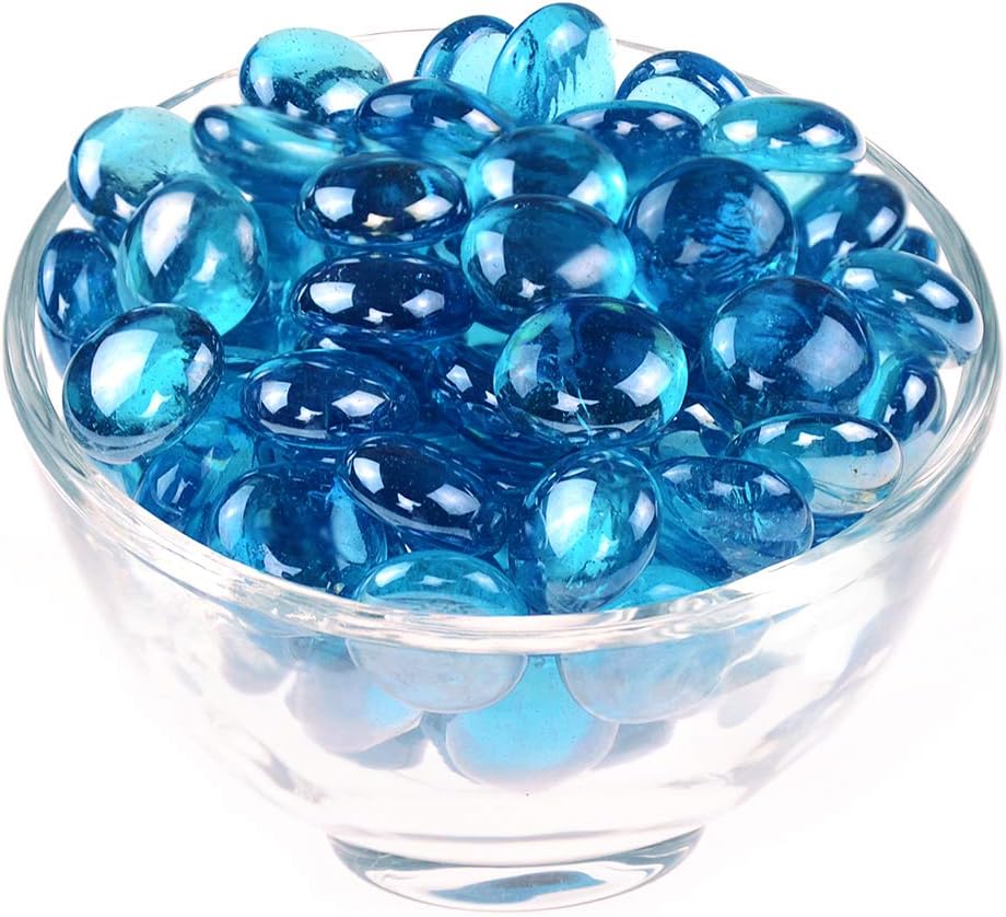 KINGOU Flat Glass Gems/Marbles/Stones/Beads for Vase Filler, Table Scatter, Games - 1 Lbs (17-19mm, Approx. 3/4")- Aqua Blue