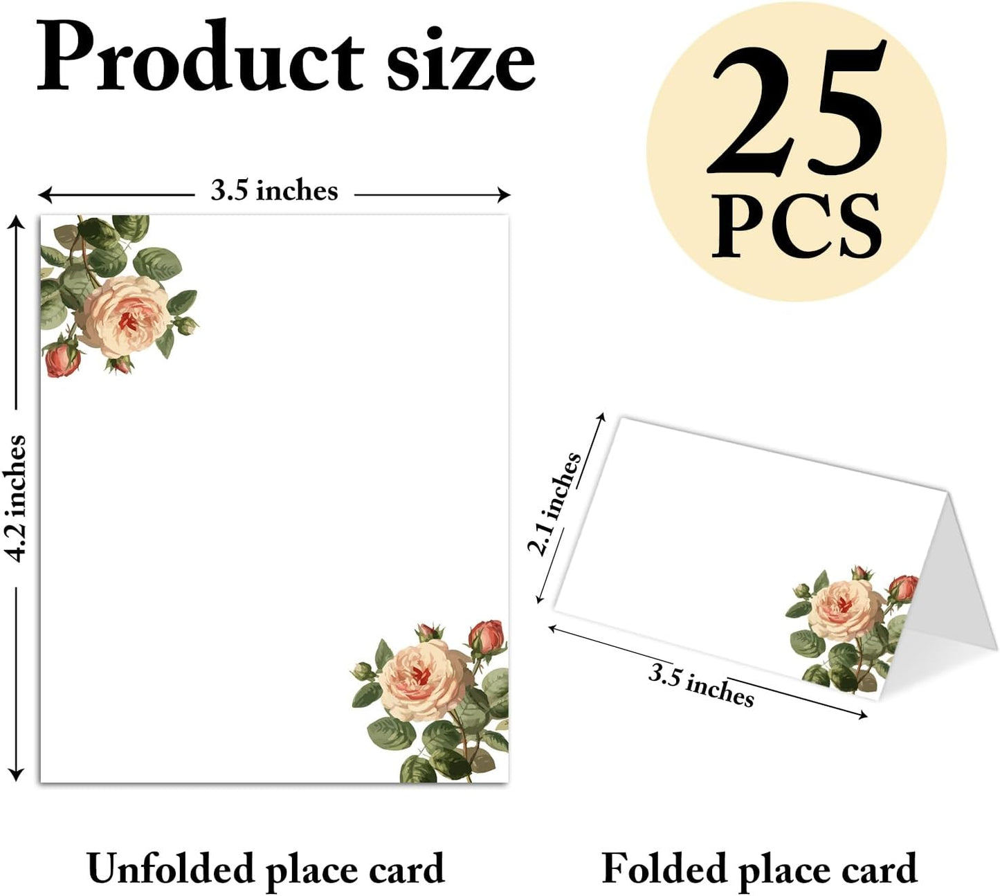 25 Pack Floral Place Cards, Editable Name Cards for Table Setting, Tent Cards Food Label for Dinner Party, Bridal Shower, Wedding, Baby Shower and Events -T05