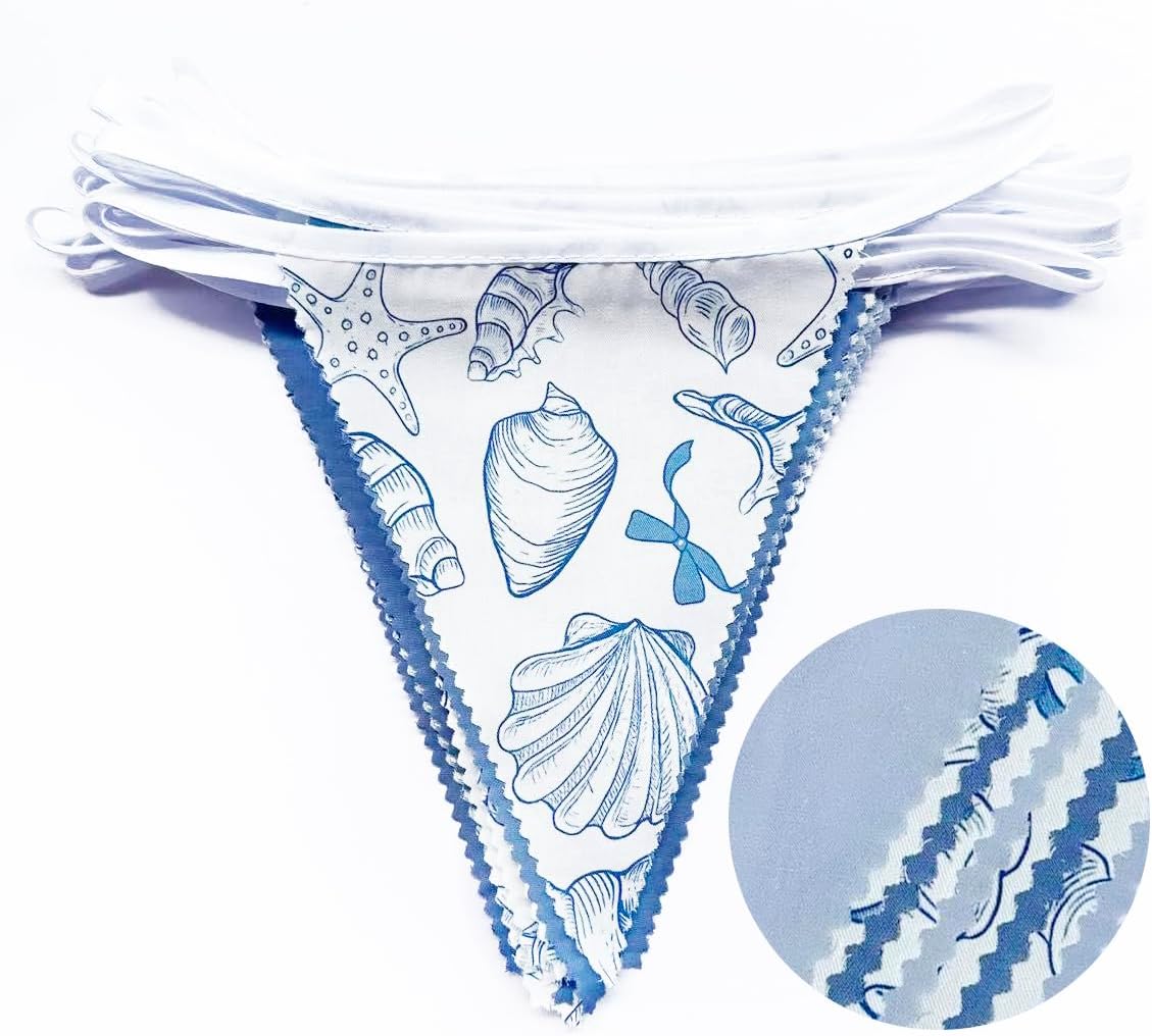 32Ft Ocean Coastal Nautical Beach Party Decorations Blue Bow Starfish Seashell Fabric Pennant Banner Triangle Flag Garland Streamer for Under The Sea Birthday Summer Baby Shower Bachelorette Supplies