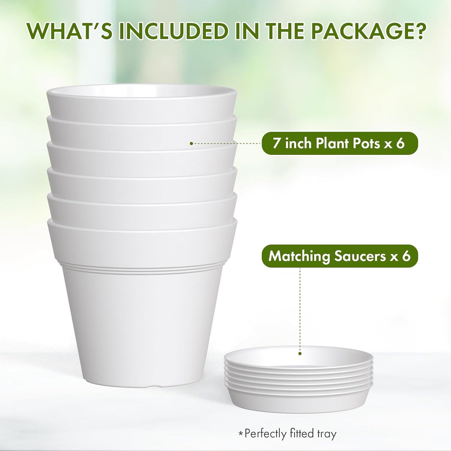 7 Inch Thick Plastic Plant Pots with Drainage Holes and Trays – 6 Pack Nursery Pots for Indoor & Outdoor House Plants, Seedling Starter Planters for Garden Flowers, White