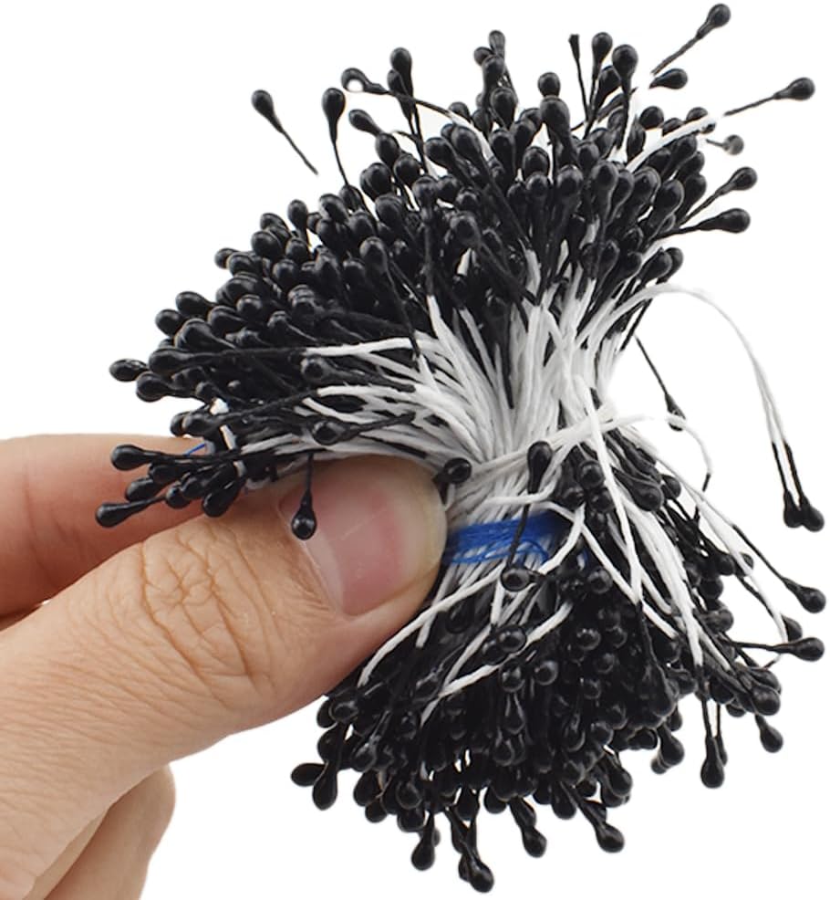 HAHIYO 700 Pcs 3mm Black Pearl Double Head Artificial Flower Pistil with Pearlized Floral Stamen for Flower Making & Decoration