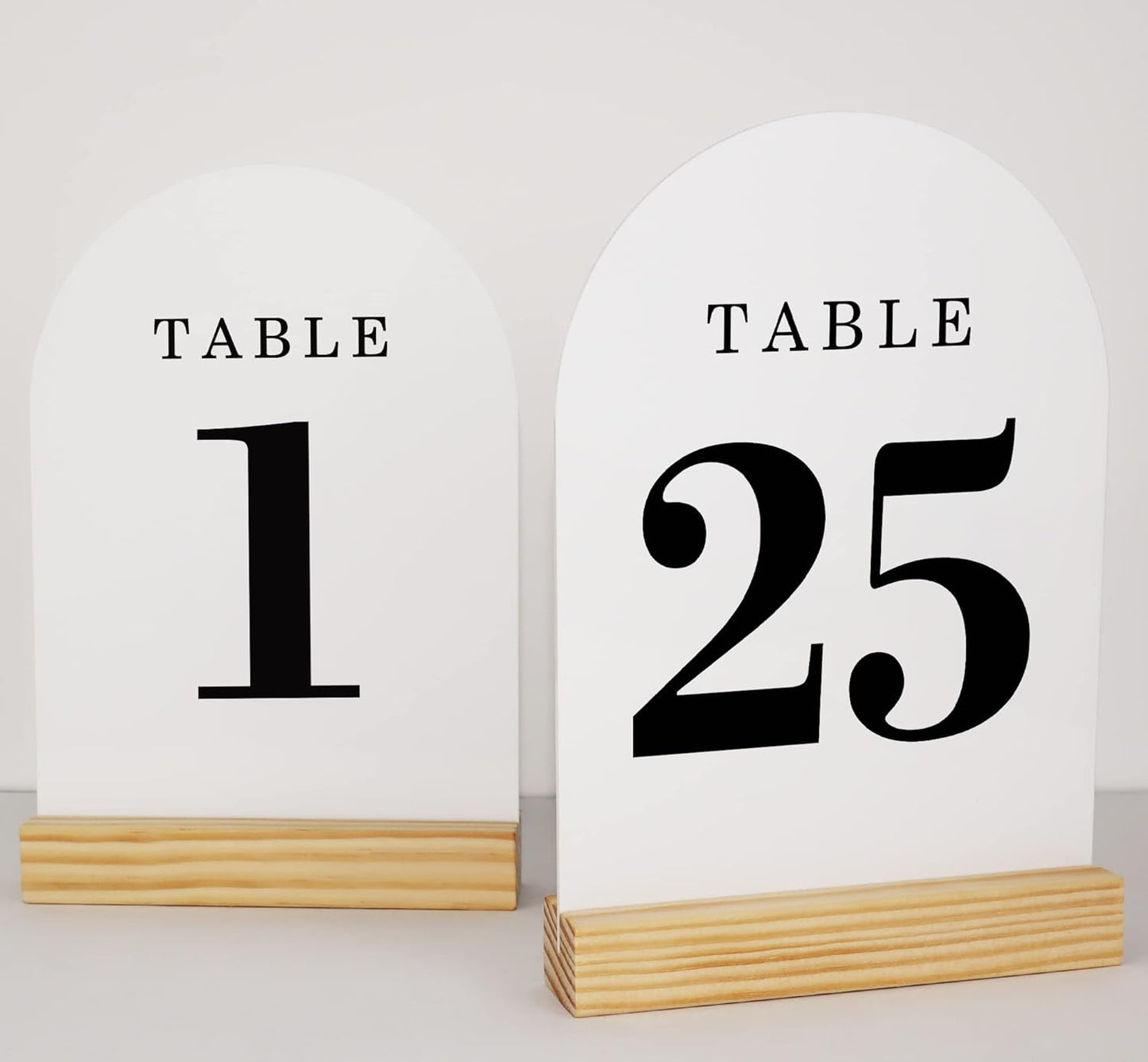 Wedding Table Numbers 1-25, Acrylic Arch Signs with Natural Wood Stands Holders, Rustic Table Decor for Reception & Parties (White Black)