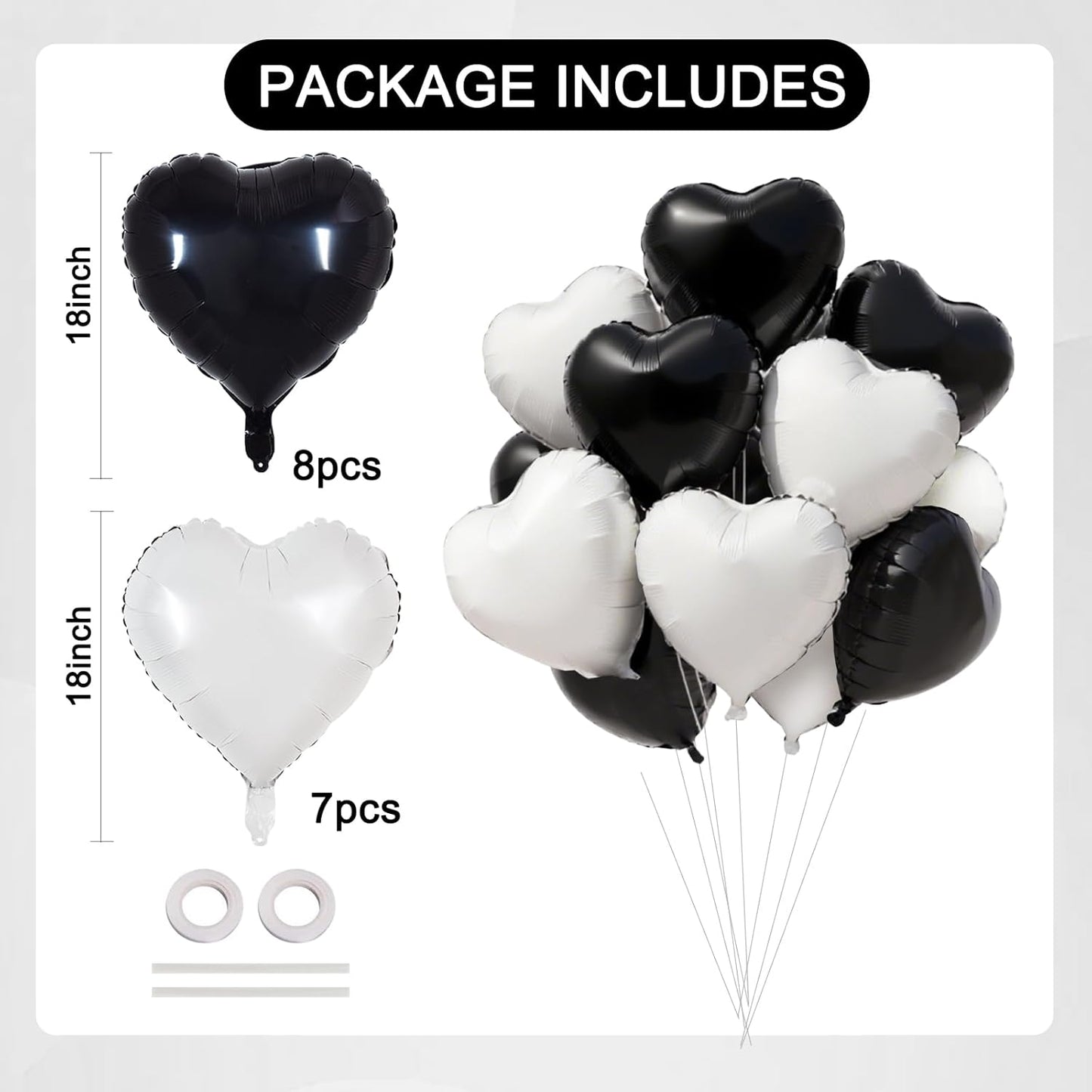 TONIFUL 15Pcs 18 Inch Black White Heart Balloons Valentine’s Day Heart Shape Foil Mylar Balloons Decoration for Romantic Valentine's Day Wedding Bridal Shower Anniversary Engagement Party Supplies
