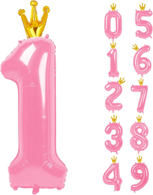 40 Inch Pink Number Balloon 0-9(Zero-Nine) with Crown, Big Size Happy Birthday Balloon, Foil Helium Big Number Balloon for Birthday Party,Wedding, Anniversary (PINK 1)