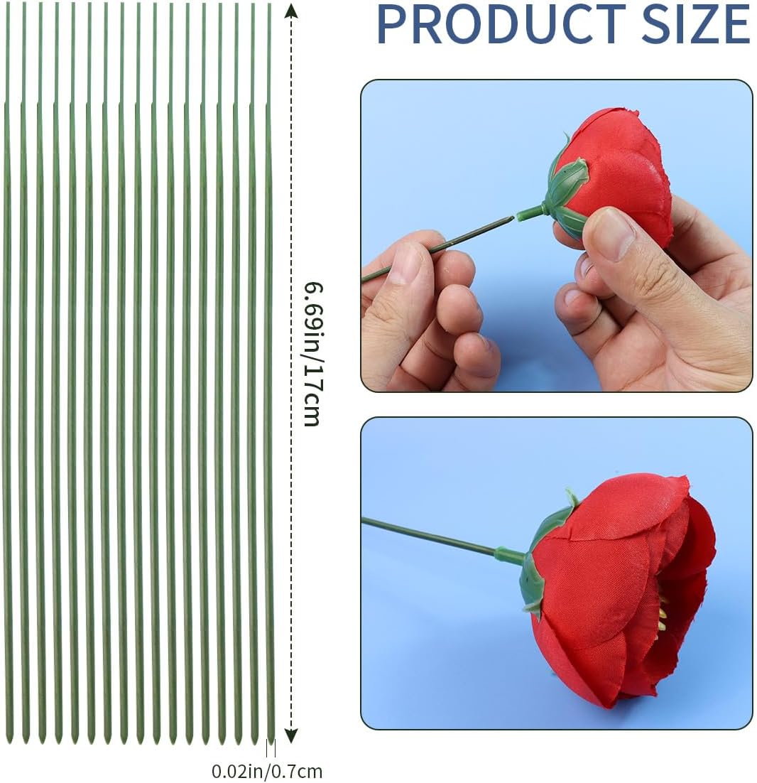 Green Floral Stems - 100pcs Plastic Flower Rods for Bouquets and Arrangements, Ideal for Crafts and Florists (17CM /6.7in)