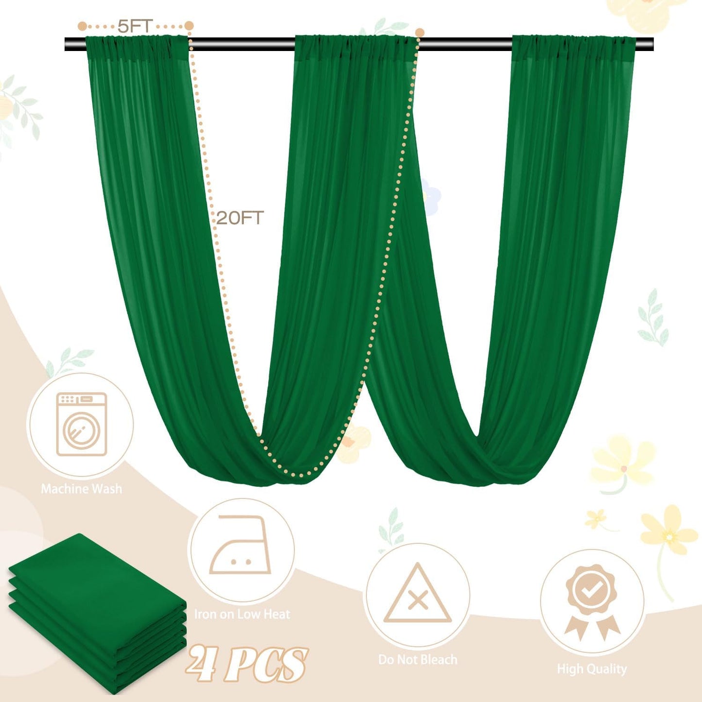 FUHSY Ceiling Drapes Emerald Green Wedding Arch Draping Fabric Chiffon Curtain Drapes 4 Panels 5x20FT Sheer Fabric for Draping Wedding Archway Tent Ceiling Drapes for Bed Canopy Ceiling Backdrop Decor