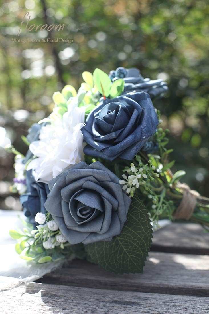 Floroom Artificial Flowers 50pcs Real Looking Dusty Blue Foam Fake Roses with Stems for DIY Wedding Bouquets Bridal Shower Centerpieces Floral Arrangements Party Tables Home Decorations