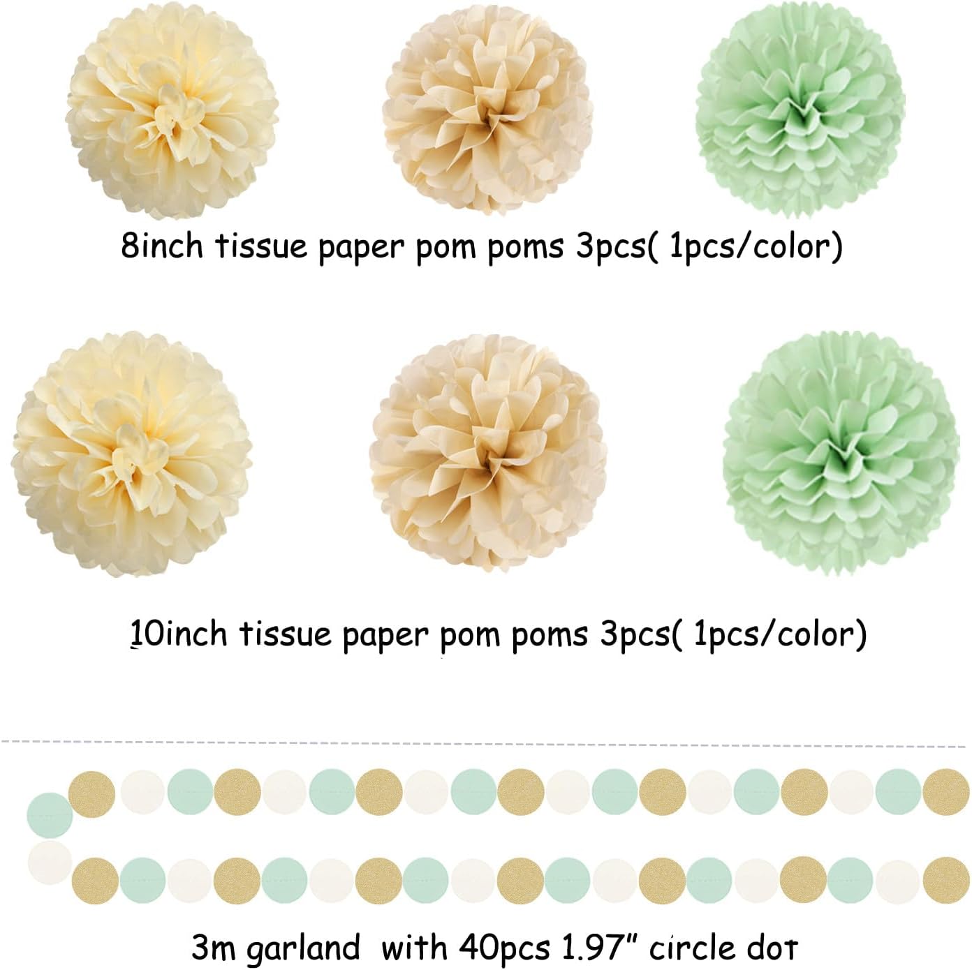 Sage-Green Gold-Champagne Party Decorations - 23pcs Neutral Birthday Baby Shower Tissue Pom Poms Streamers, Boho Wedding Bachelorette Engagement Tassel Garland Banner,Bridal Decor Suppilies Ouruola