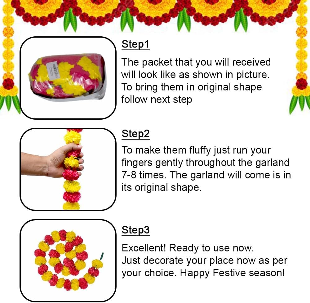 Artificial Marigold Garland for Decorations Pack of 5 - Marigold Flowers Garland for Christmas Wedding Christmas Tree New Year Ornaments (Light Yellow Red | 4 to 4.5ft) Hashcart®