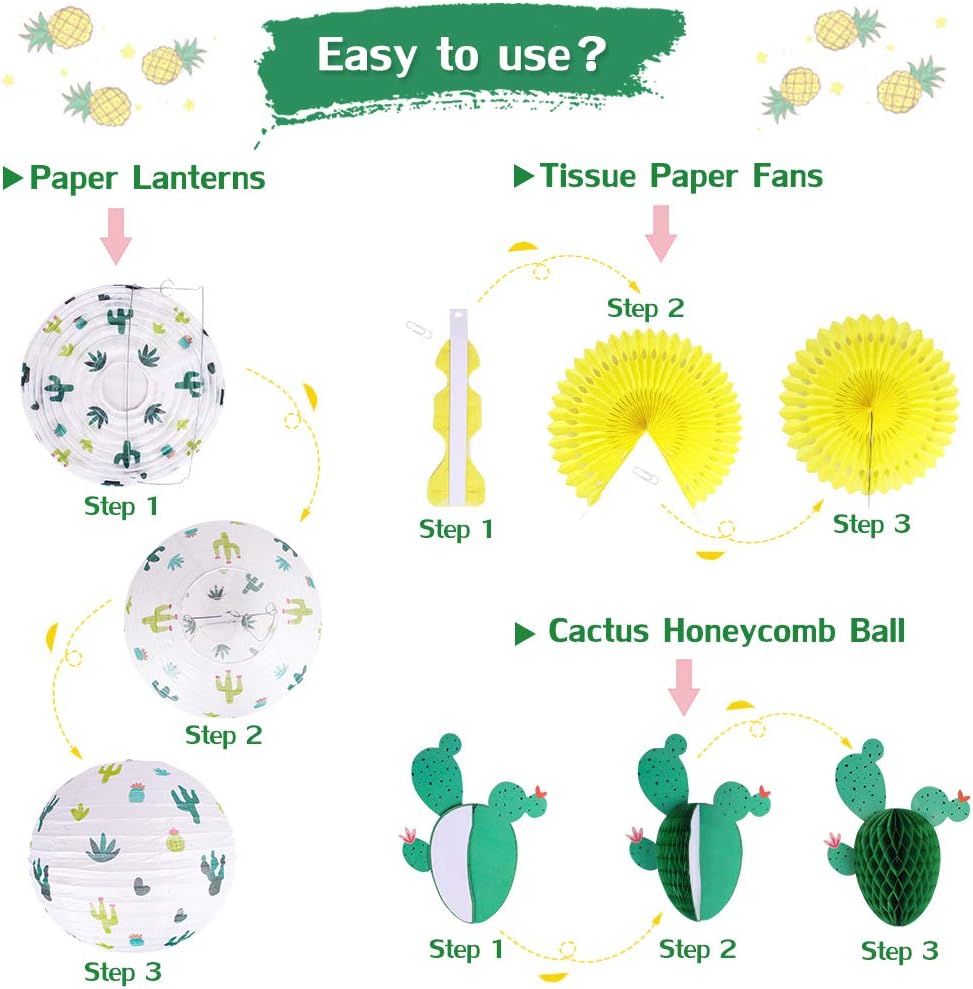 Cactus Party Decorations, Hawaiian Party Supplies Tropical Hanging Paper Lanterns Cactus Honeycomb Tissue Paper Fans for Llama Birthday Luau Party Decorations (Green)